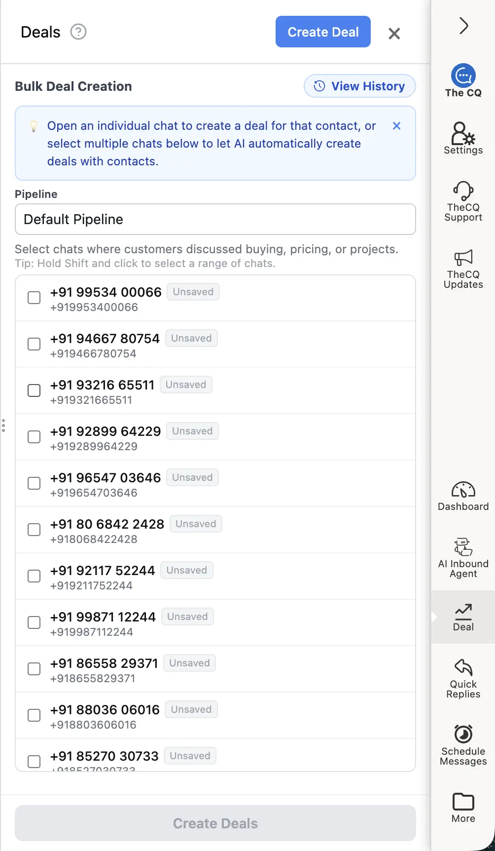 Formular zur Massen-Deal-Erstellung mit einer Pipeline-Auswahl und einer Liste von Chats mit Kontrollkästchen