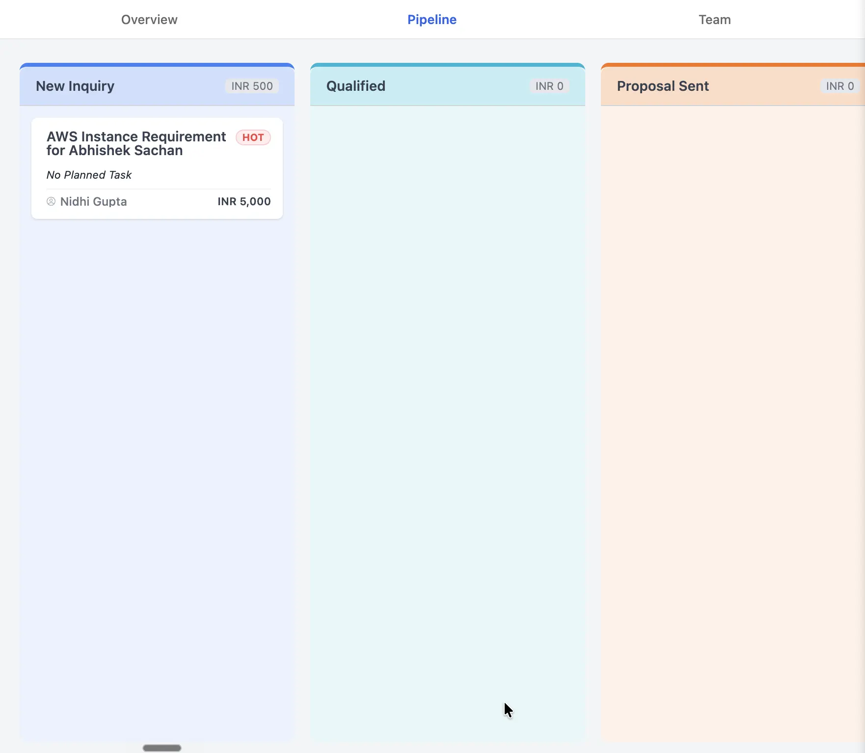 The Kanban pipeline board with lead cards organized by stage in WhatsApp Web